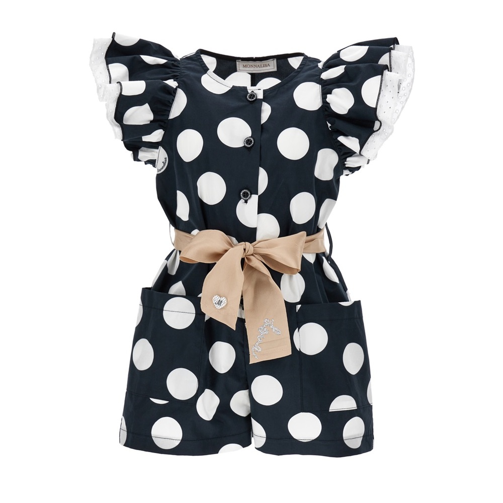 MonnaLisa Black and White Polka Dot Romper with Tan Bowtie belt